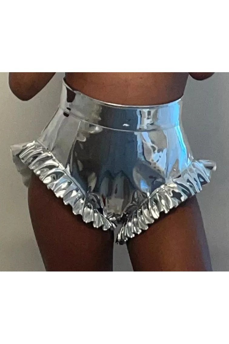 Ruffle Zipper PU Leather Shorts