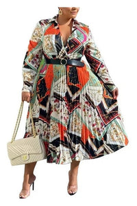 Long Sleeve Midi Print Pleated Dress