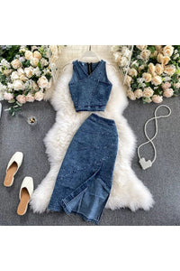 Denim Vest + Skirts Sets Sleeveless Jeans Suit Outfits