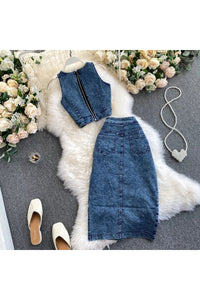 Denim Vest + Skirts Sets Sleeveless Jeans Suit Outfits