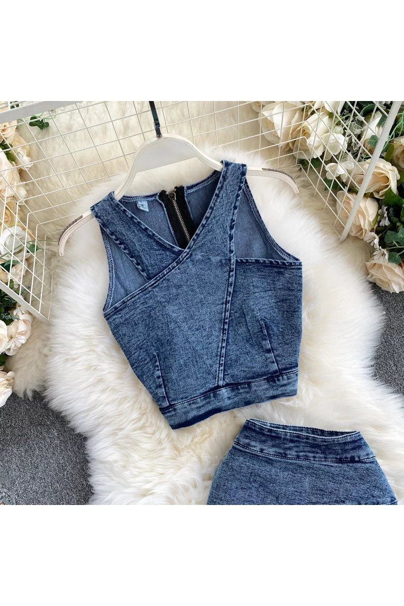 Denim Vest + Skirts Sets Sleeveless Jeans Suit Outfits