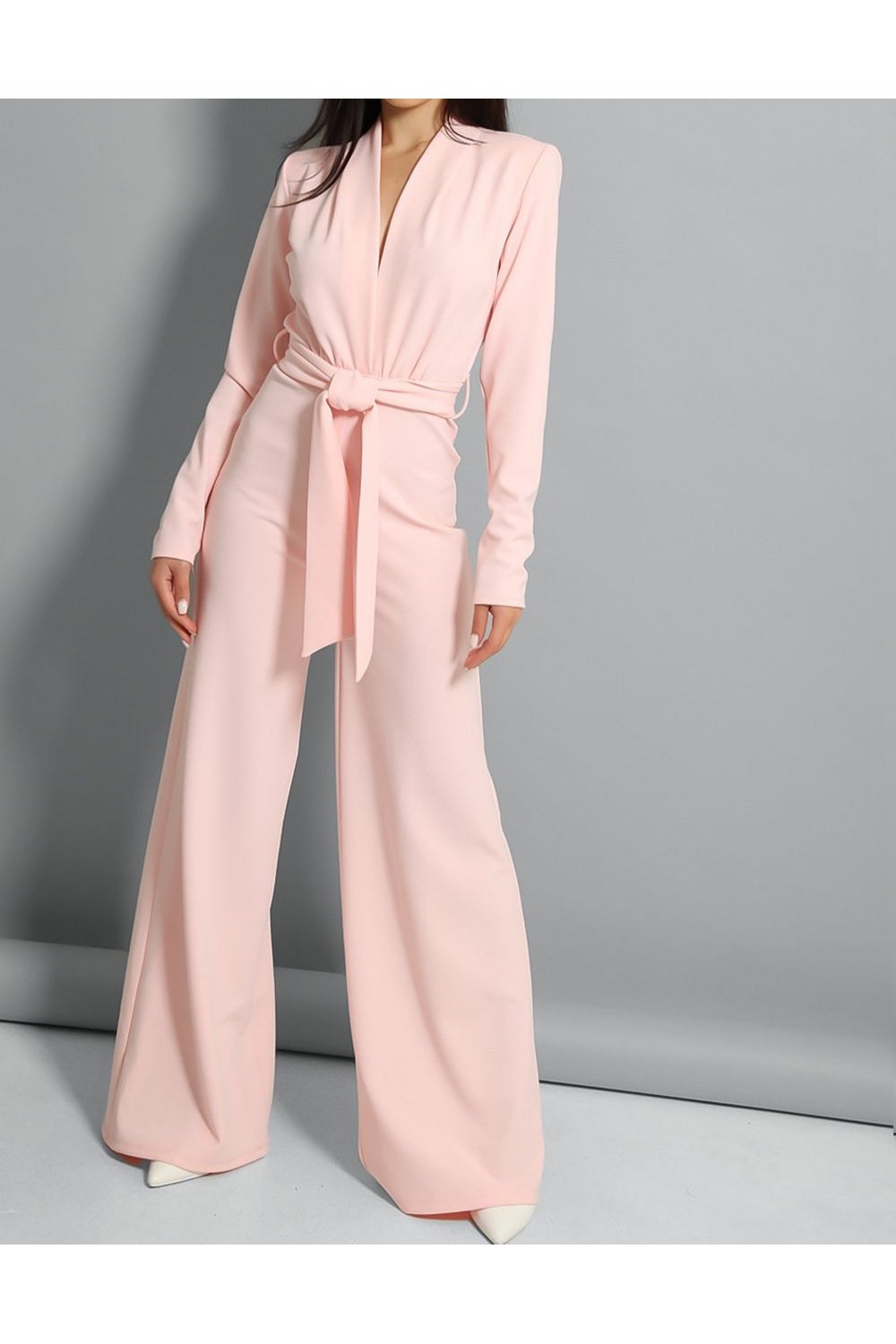 Pink self belt deep plunge wide leg jumpsuit