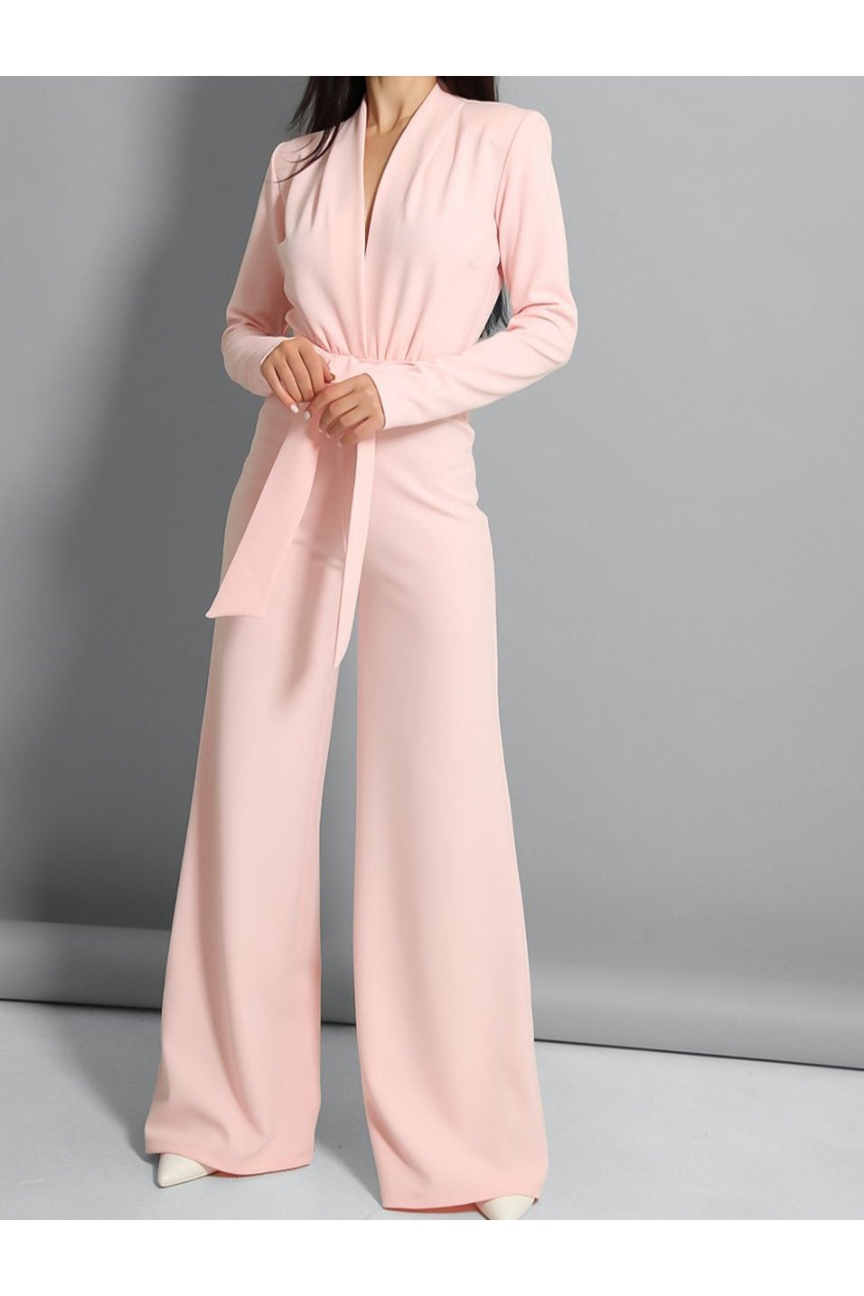 Pink self belt deep plunge wide leg jumpsuit