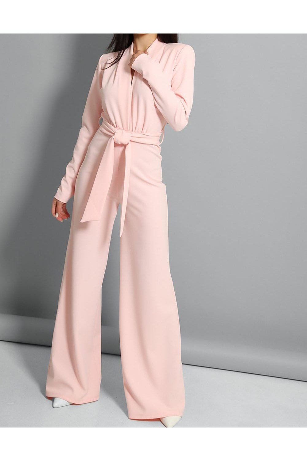 Pink self belt deep plunge wide leg jumpsuit