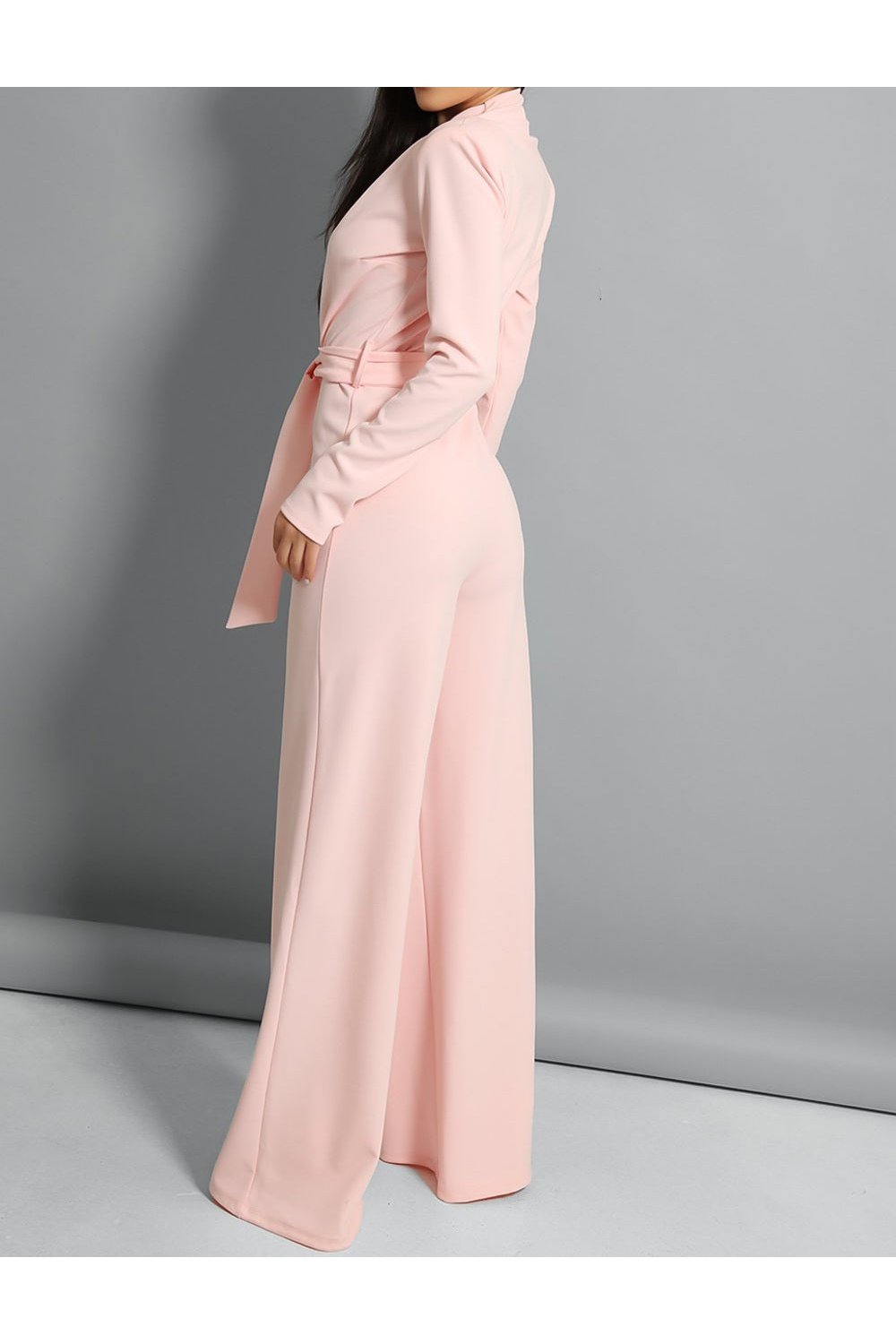 Pink self belt deep plunge wide leg jumpsuit