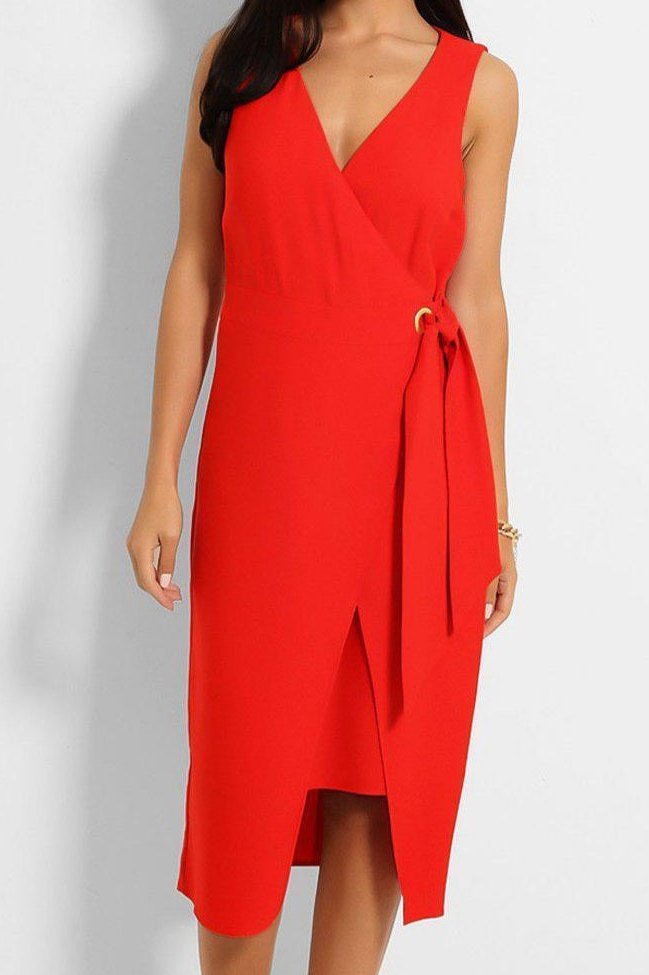 Red Faux Wrap Midi Dress 