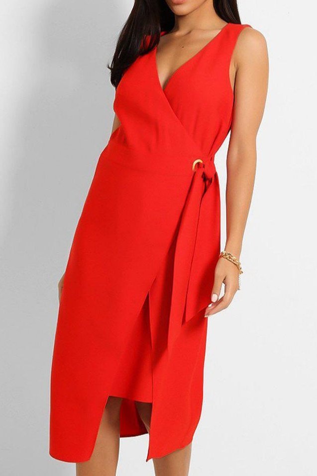 Red Faux Wrap Midi Dress 