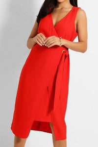 Red Faux Wrap Midi Dress 