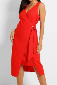 Red Faux Wrap Midi Dress 