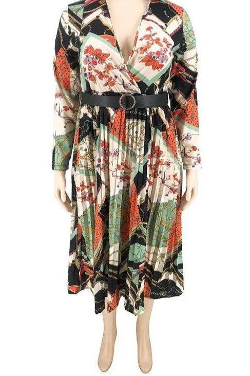 Long Sleeve Midi Print Pleated Dress