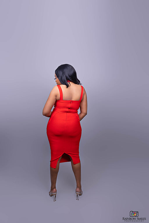 Marylyn's Red Halter Midi Bodycon Bandage Dress