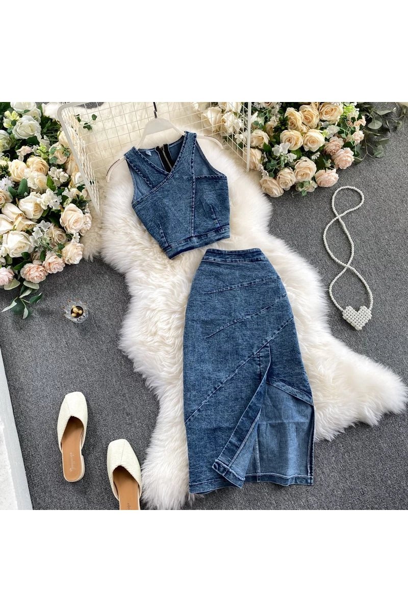 Denim Vest + Skirts Sets Sleeveless Jeans Suit Outfits