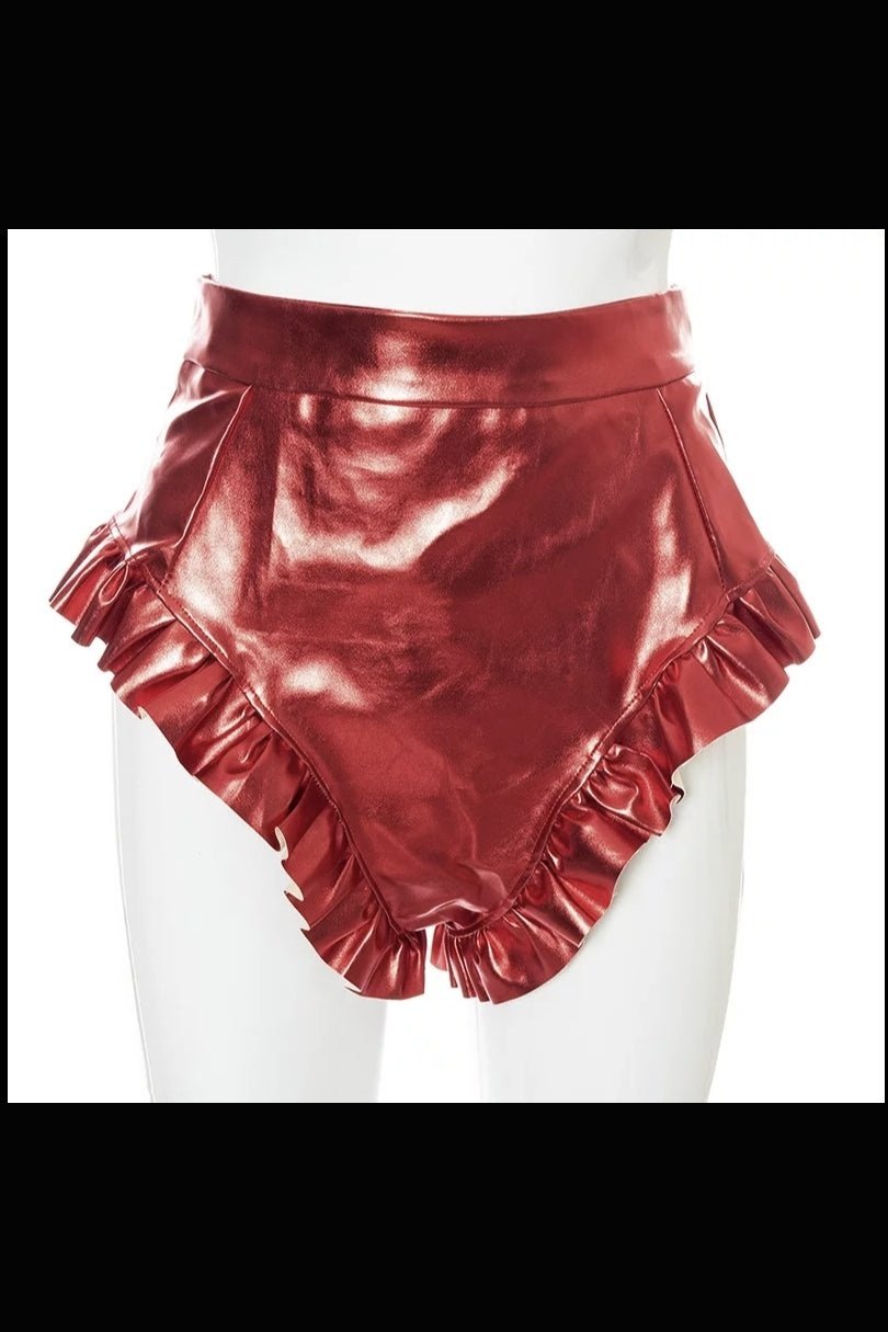 Ruffle Zipper PU Leather Shorts