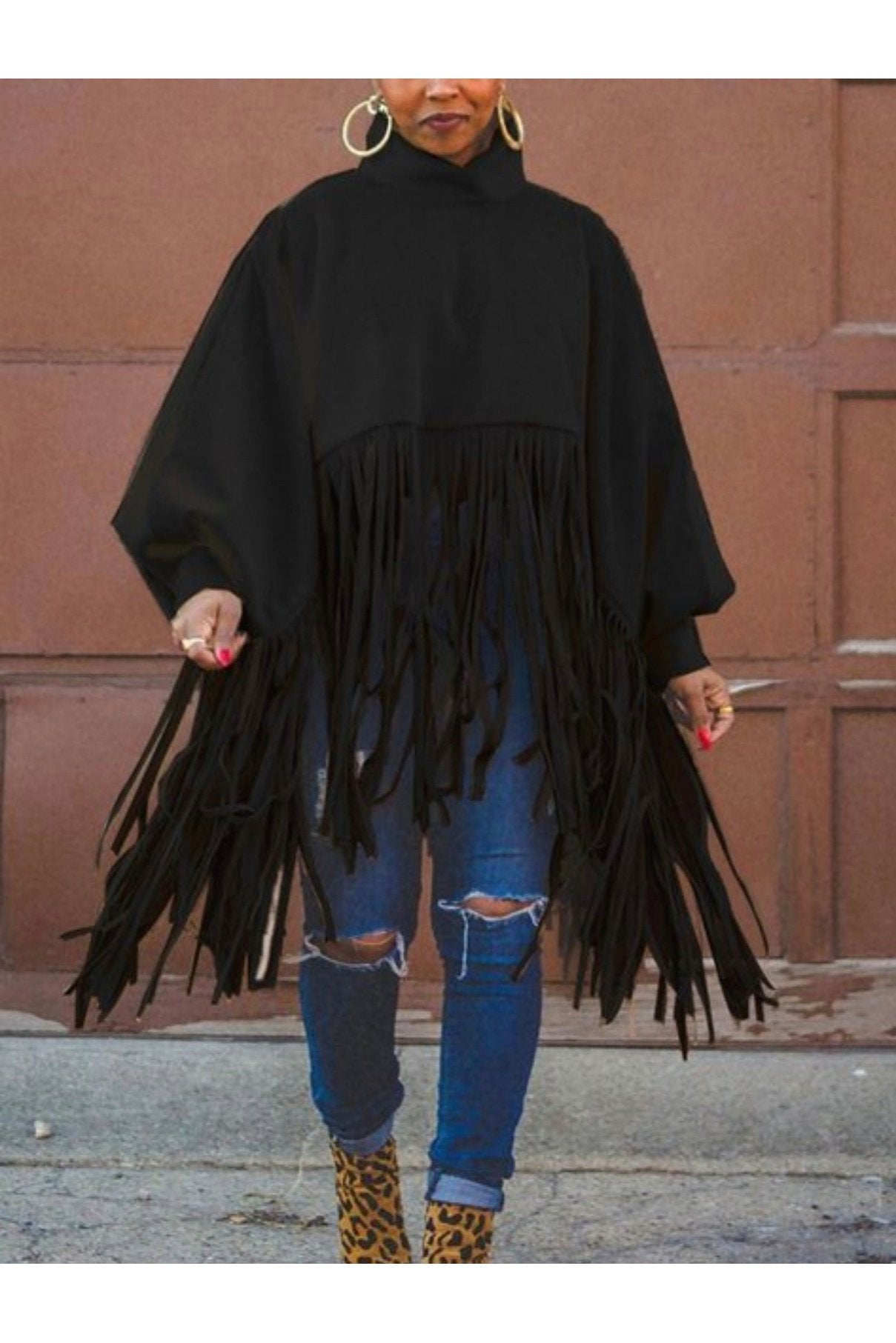 Tassel Lantern Sleeve Overcoat Poncho Sweatshirt