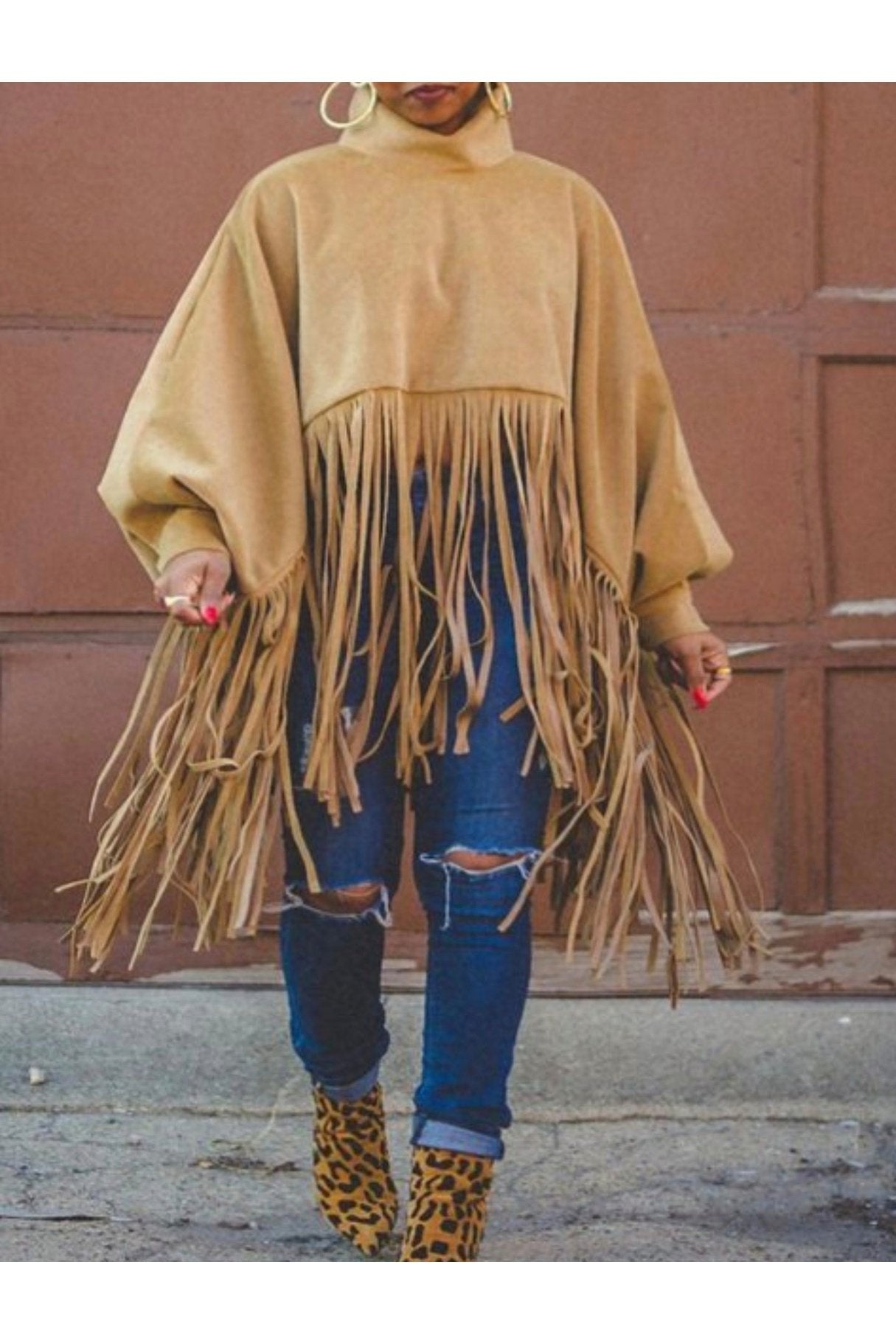 Tassel Lantern Sleeve Overcoat Poncho Sweatshirt