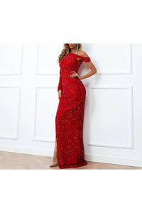 Asymetrical Shoulder Sequin Dress