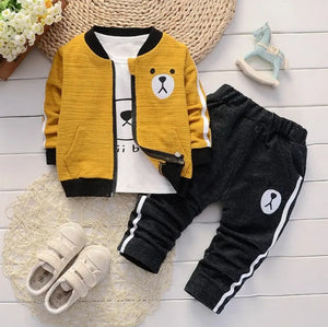 Bear Print Tshirt, Zipper Jacket & Pants Set