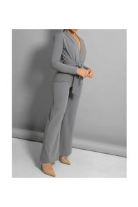 Grey self belt deep plunge wide leg jumpsuit