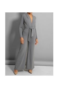 Grey self belt deep plunge wide leg jumpsuit