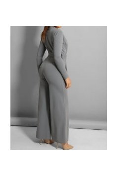 Grey self belt deep plunge wide leg jumpsuit