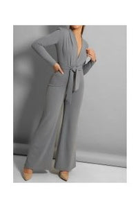 Grey self belt deep plunge wide leg jumpsuit