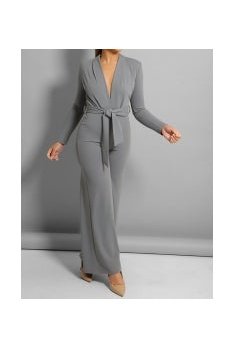 Grey self belt deep plunge wide leg jumpsuit